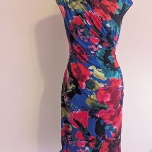 Connected Apparel One Shoulder Floral Dress - Red and Blue